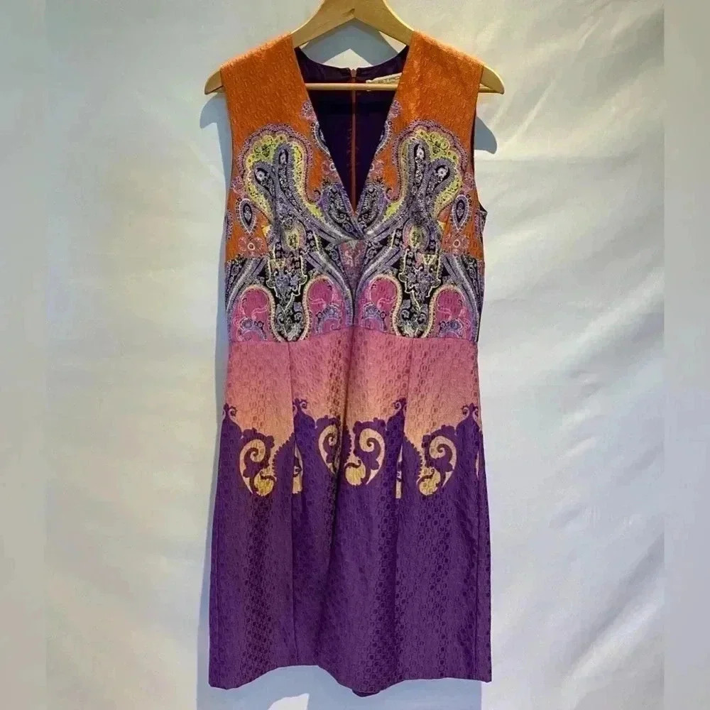 Etro Multicolor V-Neck Sleeveless A-Line Dress, size 46